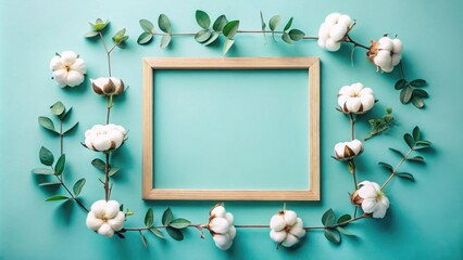 Aufkleber - Elegant Wooden Frame Surrounded by Delicate Cotton Blossoms and Lush Greenery on a Teal Background