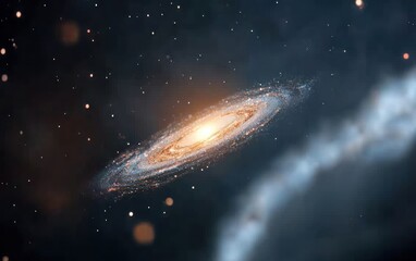 Poster - Spiral galaxy with bright core, swirling arms of stars and gas, set against a dark background with distant stars and nebulae.  Detailed digital illustration
