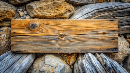 Aufkleber - Aged Wooden Plank Resting on a Collection of Smooth Stones and Weathered Driftwood