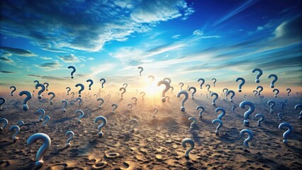 Poster - a vast expanse of uncertainty numerous question marks scattered across a desolate landscape, bathed 