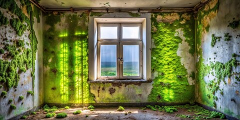 Aufkleber - Sunlit Room in a Derelict Building, Walls Covered in Lush Green Moss