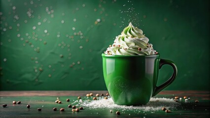 Poster - A Festive Green Mug Filled with Whipped Cream and Sprinkles on a Rustic Wooden Surface