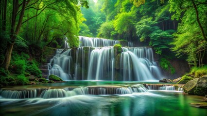 Poster - Serene Multi-Tiered Waterfall Cascading Through Lush Green Forest
