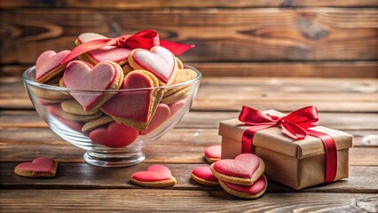 Poster - A delightful bowl of heart-shaped cookies tied with a ribbon, alongside a small gift box, creates a sweet and romantic scene on a rustic wooden surface.