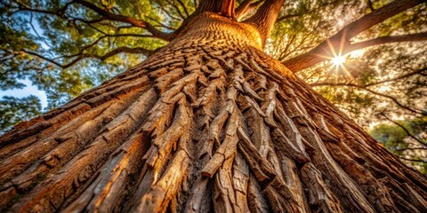 Aufkleber - Low-angle view of a majestic tree trunk, sunlight streaming through the canopy above