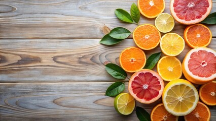 Poster - Vibrant Citrus Fruit Slices Arranged on Rustic Wooden Surface