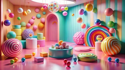 Poster - Whimsical Pastel Playroom with Rainbow Arch and Colorful Spheres