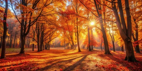 Poster - Golden Sunlight Illuminates Autumnal Forest Floor with Vibrant Canopy