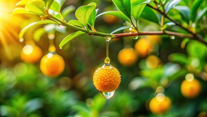 Poster - Sunlight Illuminates a Dewdrop Hanging from a Vibrant Yellow Fruit on a Lush Green Branch
