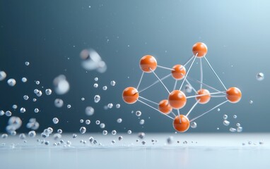 Aufkleber - Abstract 3D rendering of an orange molecule structure with silver spheres and thin wires, floating above a reflective surface with small, scattered droplets. Soft, diffused lighting creates a serene