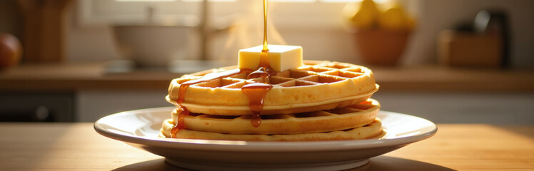 Poster - A Freshly Cooked Waffle Stack Steams Under Warm Morning Light With Butter And Syrup As A Kitchen Backdrop.