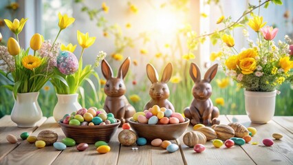 Poster - A festive springtime table arrangement featuring chocolate bunnies, colorful Easter eggs, and vibrant yellow flowers.