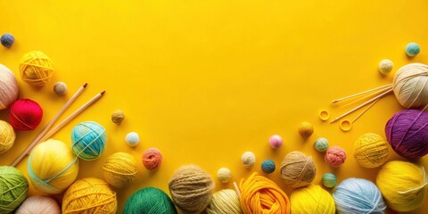 Poster - Brightly colored yarn balls and knitting needles arranged on a vibrant yellow background for a crafting project