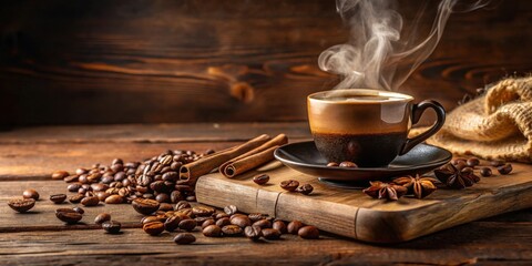 Aufkleber - Aromatic Coffee Cup with Steaming Brew, Roasted Beans, Cinnamon Sticks, and Star Anise on Rustic Wooden Board