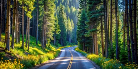 Poster - Scenic Winding Road Through a Lush Evergreen Forest with Sunlight Streaming Through the Trees