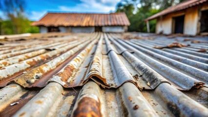 Poster - Close-up view of a weathered corrugated metal roof showing significant rust and decay on an aged structure