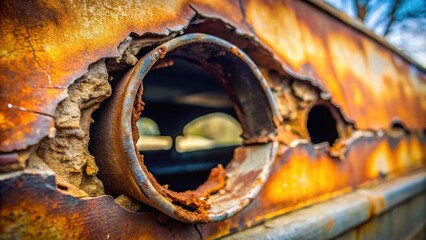 Aufkleber - Close-up view of severely rusted metal with large holes revealing the interior