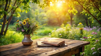 Aufkleber - Tranquil garden scene featuring a rustic wooden table, a bouquet of wildflowers in a vintage vase, and a stack of books bathed in warm sunlight.