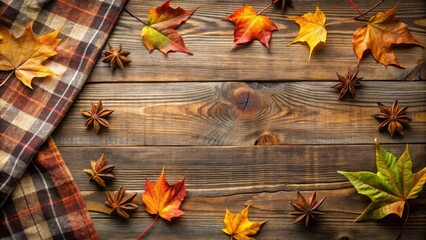 Aufkleber - Autumnal Arrangement  Warm-toned plaid fabric and vibrant fall leaves artfully arranged on rustic wooden planks with star anise