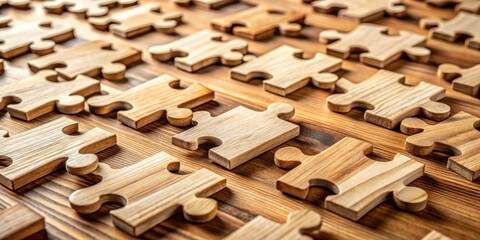Poster - Wooden puzzle pieces arranged on a wooden surface, illustrating the concept of teamwork and collaboration.