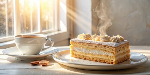 Poster - A warm cup of tea and a delicious layered cake with creamy frosting, enjoyed by a sunlit window