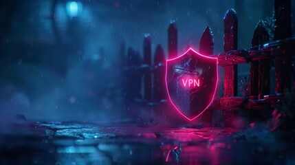 Poster - Digital shield symbolizing enhanced online security in a dark, rainy environment