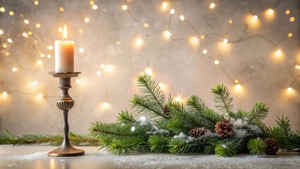 Poster - Warm candlelight illuminates evergreen boughs and pinecones, a festive winter scene.