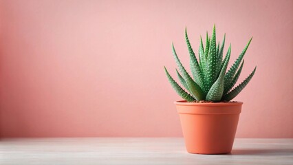 Aufkleber - A vibrant succulent in a coral pot sits on a white surface against a soft pink backdrop