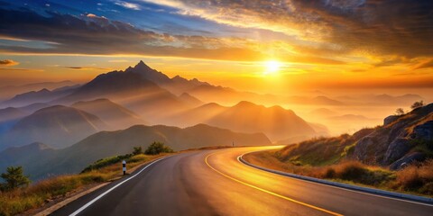 Poster - Scenic winding road through majestic mountains at sunrise, bathed in golden light