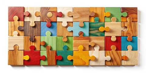 Aufkleber - Colorful Wooden Jigsaw Puzzle Pieces Interlocking on White Background