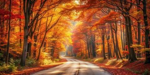 Poster - Autumnal Road Through Vibrant Forest Canopy of Golden and Red Leaves