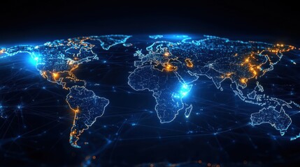 digital illustration world map dark blue background