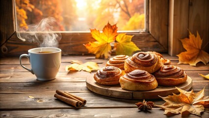 Aufkleber - Warm Autumnal Treat A Cozy Scene of Cinnamon Rolls and Steaming Tea by a Windowsill