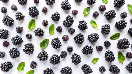 Poster - A delightful pattern of fresh blackberries and vibrant green leaves arranged on a pristine white background