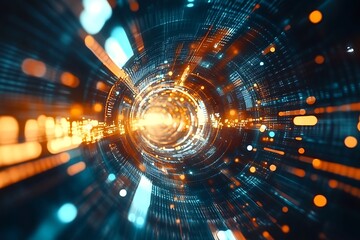 Fototapete - Abstract digital tunnel of swirling data streams and glowing particles