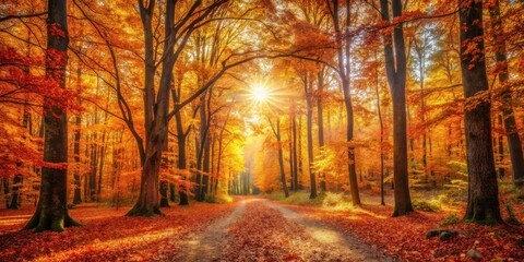 Poster - Autumnal Path Through Sun-Dappled Forest with Vibrant Fall Foliage
