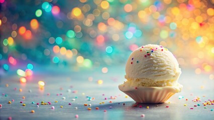 Poster - A delectable scoop of vanilla ice cream, adorned with colorful sprinkles, rests in a small bowl against a vibrant, bokeh-filled backdrop.