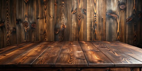 Poster - Rustic Wooden Tabletop Against a Dark Wood Panel Background, Ideal for Product Displays or Mockups