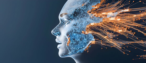 An AI-themed artwork featuring a human face constructed with intricate networks. The design implies advanced technology and artificial intelligence. Good for technology presentations.