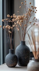Poster - Two stylish, textured vases hold delicate dried flowers, elegantly displayed on a contemporary table. Sunlight filters through a large window, enhancing the serene atmosphere