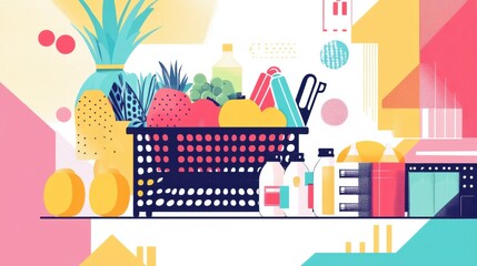 Poster - Stylish abstract depiction of grocery shopping with geometric shapes and vibrant colors showcasing a modern approach to food retail Generative AI