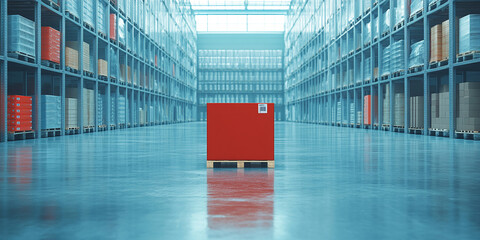 Poster - Red box on pallet in large warehouse aisle, showcasing storage and logistics concept, ideal for business, industry, or transportation themes