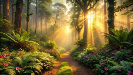 Poster - Sunlit Path Through a Mystical Forest with Lush Greenery and Blooming Flowers