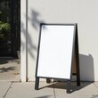 © Georgia - sandwich board sign white blank sidewalk stucco white wall natural poster clean surface minimalist aesthetic billboard sunlight shadow concrete wooden frame flyer texture mockup mockups standing store