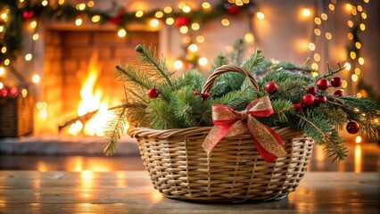 Aufkleber - A Festive Wicker Basket Filled with Evergreen Branches, Red Ornaments, and a Glittering Bow, Set Against a Cozy Fireplace with Warm, Golden Lights