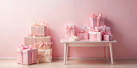 Poster - A collection of pastel pink gift boxes with delicate bows arranged on a small white table against a soft pink wall.