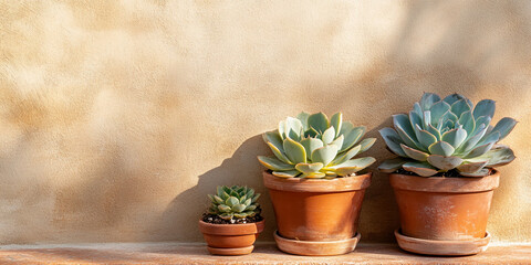 Aufkleber - Three succulents in terracotta pots sit on a ledge against a textured beige wall, bathed in sunlight, showcasing a minimalist, natural scene with ample free space for text