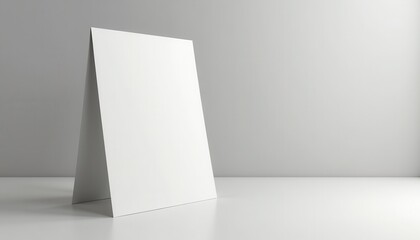 Poster - A blank white A-frame sign mockup stands on a smooth, light gray surface with a matching background. Ideal for showcasing creative artwork, advertisements, or marketing designs