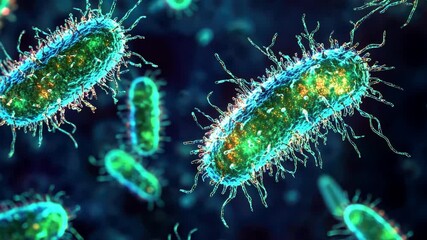 Poster - Colorful Illustration of Bacteria Under Microscope with Vibrant Details and Dynamic Colors Showcasing Microbial Life in a Scientific Background
