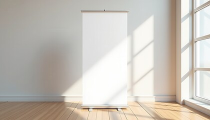 Poster - A blank white roll-up banner stands in a bright room with wooden flooring and large windows. Soft sunlight adds depth to the minimalistic setting, perfect for showcasing professional designs